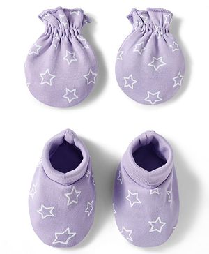 Babyhug 100% Cotton Knit Mittens & Booties Set with Star Print - Lavender