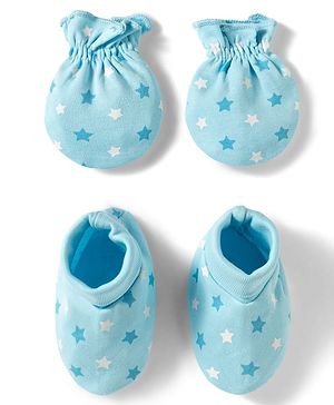 Babyhug 100% Cotton Knit Mittens & Booties With Star Print - Multicolor