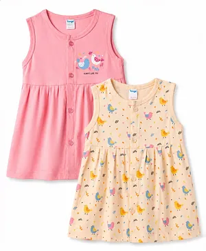 Tango Single Jersey Knit
                                  Sleeveless Birds Printed Frocks Pack
                                  Of 2 - Pink & Beige
