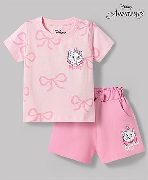 Babyhug Disney Single Jersey Knit Half Sleeves T-Shirt & Shorts Set with Marie Graphics - Pink