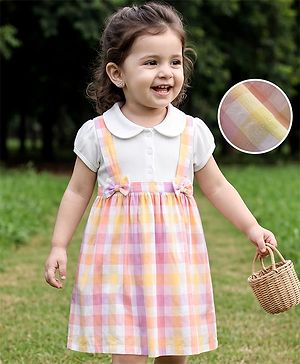 Babyhug Single Jersey Knit Half Sleeves Checked Frock With Bow Applique - White