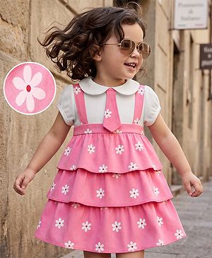 Babyhug Single Jersey Knit Frock with Half Sleeves and Floral Print - Pink