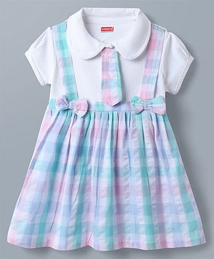 Babyhug Single Jersey Knit Half Sleeves Checked Frock With Bow Applique & Tie - White