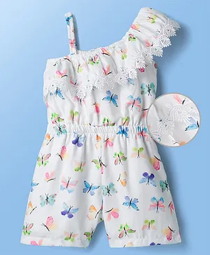 Mark & Mia Cotton Woven
                              Sleeveless Butterfly Printed Jumpsuit with
                              Lace Detailing - White