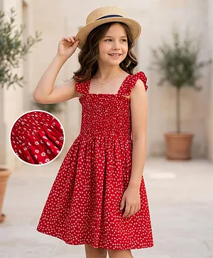 Mark & Mia Cotton Woven
                                  Sleeveless Frock With Floral Print
                                  & Smock Detailing - Red