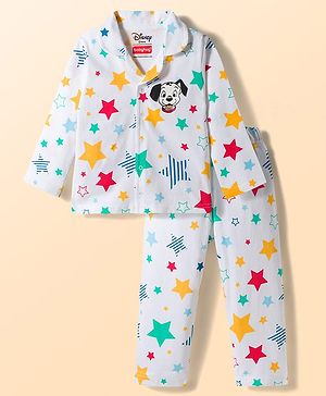 Babyhug Disney Single Jersey Knit Full Sleeves Co-Ord Shirt & Pyjama Night Suit with Star & 101 Dalmatians Graphics - White