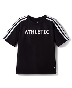 Pine Active Knit Half Drop Shoulder Sleeves T-Shirt with Text Print - Black