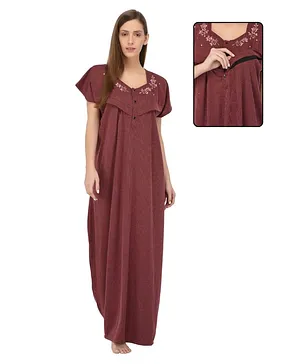 Fabme Woven Half Sleeves Floral
                              Printed Maternity Nighty With Side Zipper
                              Nursing Access - Maroon