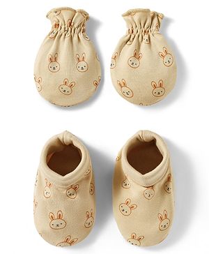 Babyhug 100% Cotton Knit Mittens & Booties Set with Bunny Print - Beige