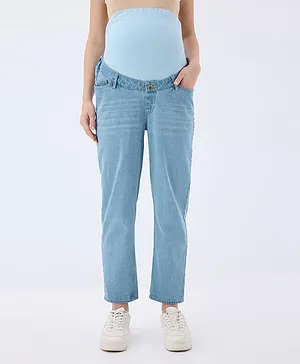 MomToBe Cotton Knit Mild Washed Maternity Jeans With Tummy Support - Sky Blue