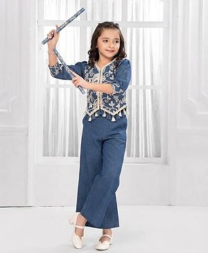 Ministitch Cotton Blend Woven 3/4Th Sleeves Paisley Embriodered Top And Pant set - Blue