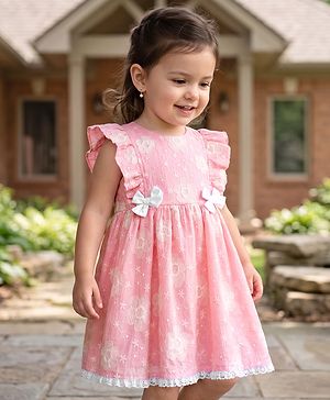Babyhug Cotton Woven Half Frill Sleeves Floral Embroidered Frock With Bow Applique - Pink