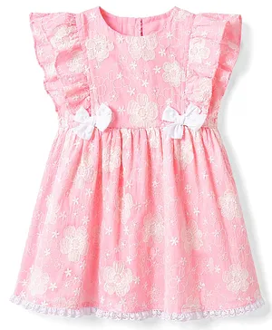 Babyhug Cotton Woven Half Frill
                                  Sleeves Floral Embroidered Frock With
                                  Bow Applique - Pink
