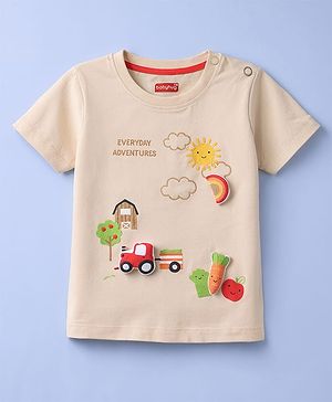 Babyhug Cotton Knit Half Sleeves T-Shirt With Farm Theme & Applique - Multicolor