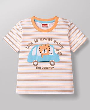 Babyhug Cotton Knit T-Shirt Half Sleeves Striped with Graphic Print Multi Color 6-9 Months