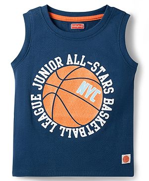 Babyhug Cotton Knit Sleeveless T-Shirt With Basketball Print - Navy Blue