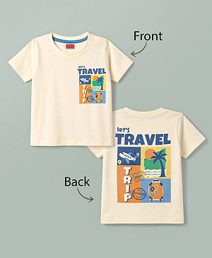 Babyhug 100% Cotton Knit Half Sleeves T-Shirt with Front and Back Travel Print - Cream