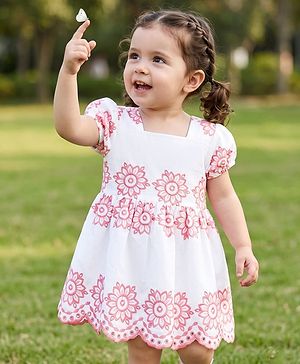 Babyhug Cotton Woven Half Sleeves Floral Embroidered  Frock - White & Pink