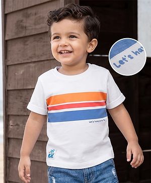 Babyhug 100% Cotton Knit Half Sleeves Striped & Text Printed T-Shirt With Beach Theme Patch - White
