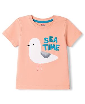 Babyhug 100% Cotton Knit Half Sleeves T-Shirt With Birds Print - Peach