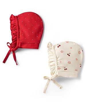 Babyhug 100% Cotton Interlock Knit Baby Caps With Floral Cherry & Polka Dots Print Pack of 2 Multicolor - Diameter 10.5 cm