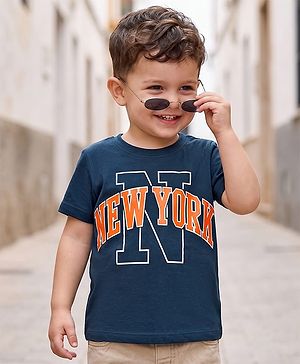 Babyhug 100% Cotton Knit Half Sleeves T-Shirt With New York Print - Navy Blue