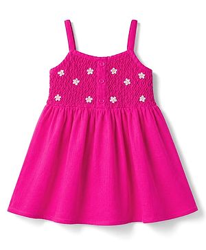 Babyhug Cotton Woven Sleeveless One Piece Dress with   Floral Embroidery - Fuchsia