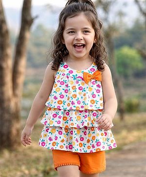 Babyhug Single Jersey Knit Sleeveless Top & Shorts Set With Floral Print - Multicolor