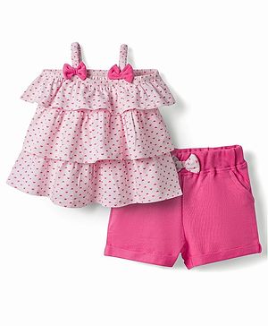 Babyhug Single Jersey Knit Sleeveless Top & Shorts Set with Heart Print & Bow Applique - Pink