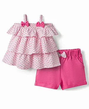 Babyhug Single Jersey Knit Sleeveless
                              Top & Shorts Set with Heart Print
                              & Bow Applique - Pink