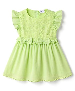 Babyhug Cotton Woven Flutter Sleeves Frock With Bow Applique - Light Green