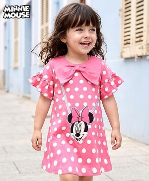 Babyhug Disney Single Jersey Knit Half Sleeves Dress With Minnie Mouse Graphics and Bag Detailing - Multicolor