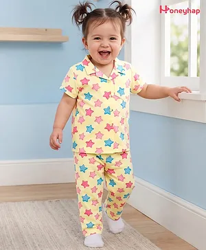 Honeyhap Premium 100% Cotton Knit
                              Half Sleeves Co-Ord Shirt & Pyjama
                              Night-Suit With Star Print - Popcorn