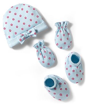 Babyhug 100% Cotton Interlock Knit Cap Mittens & Booties With Floral Print Multicolor - Diameter 10.5 cm