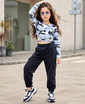 OLLINGTON ST.Cotton Lycra Knit
                              Camouflage Printed Full Sleeves Top &
                              Jogger Pant Set - Multicolor & Black