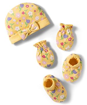 Babyhug 100% Cotton Knit Cap Mittens & Booties With Floral Print Multicolor - Diameter 9.5 cm