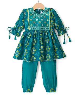 Blabber Three Fourth Sleeves Mirror
                              Work Detailed Floral Embroidered &
                              Motifs Printed Kurti Patiala Set - Sky
                              Blue