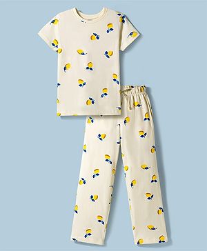Pine Kids Cotton Knit Half Sleeves Co-Ord T-Shirt & Pyjama Night-Suit With Lemon Print - White