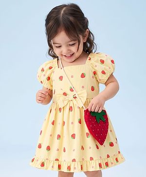 Babyhug 100% Cotton Woven Half Sleeves Strawberry Printed Frock With Bow Applique & Sling Bag - Yellow