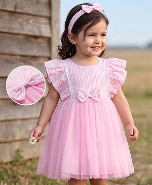 Babyhug Woven Half Frill Sleeves Striped Frock With Bow Applique & Lace Detailing & Headband - Pink
