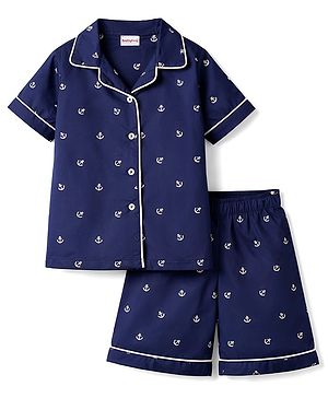 Babyhug Cotton Knit Half Sleeves Shirt & Shorts Co-ord Night Suit with Anchor Print - Navy Blue