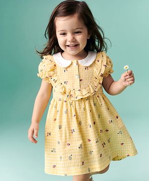 Babyhug Cotton Mixes Woven Frock with Half Sleeves and Floral Print - Yellow