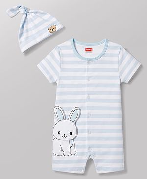 Babyhug 100% Cotton Interlock Knit Half Sleeves Striped Romper With Bunny Detailing & Cap - Light Blue