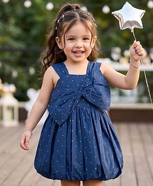 Babyhug Cotton Woven Sleeveless Polka Dots Printed Frock With Bow Applique - Navy Blue