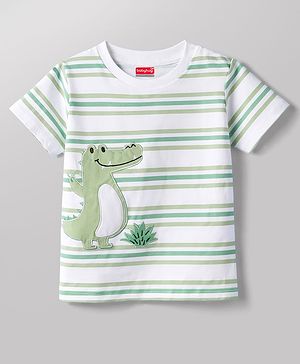 Babyhug Cotton Knit Half Sleeves Striped T-Shirt with Dino Patch - Multicolor