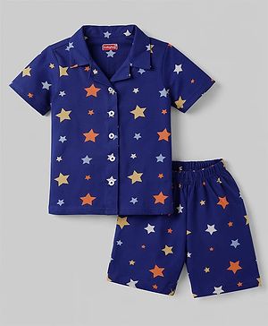 Babyhug Cotton Knit Half Sleeves Shirt & Shorts Co-ord Night Suit with Star Print - Navy Blue