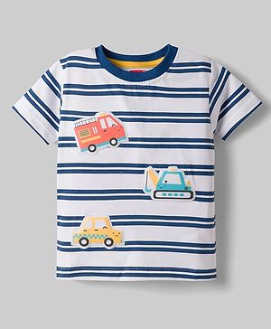Babyhug 100% Cotton Knit T-Shirt Half Sleeves Striped with Car Applique Detailing Navy Color 6-9 Months
