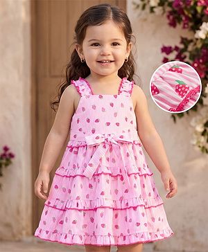 Babyhug Woven Sleeveless Strawberry Printed Tiered Frock - Pink