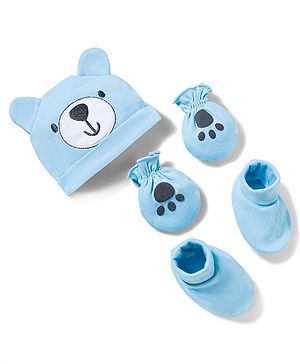 Babyhug 100% Cotton Interlock Knit Cap Mittens & Booties With Teddy Print Blue - Diameter 16 cm