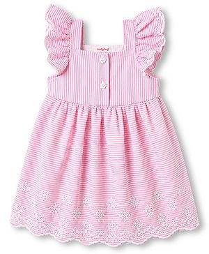 Babyhug Woven Frill Sleeves Striped & Floral Embroidered Frock - Pink